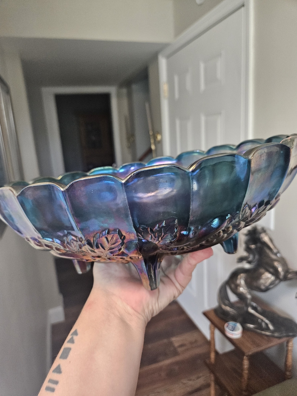 Iridescent Carnival Glass Footed Bowl - Vintage Indiana Glass Centerpiece